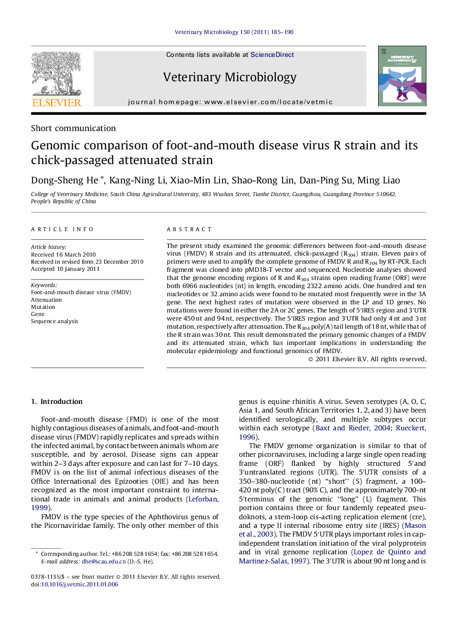 Genomic comparison of foot-and-mouth disease virus R strain and its chick-passaged attenuated strain