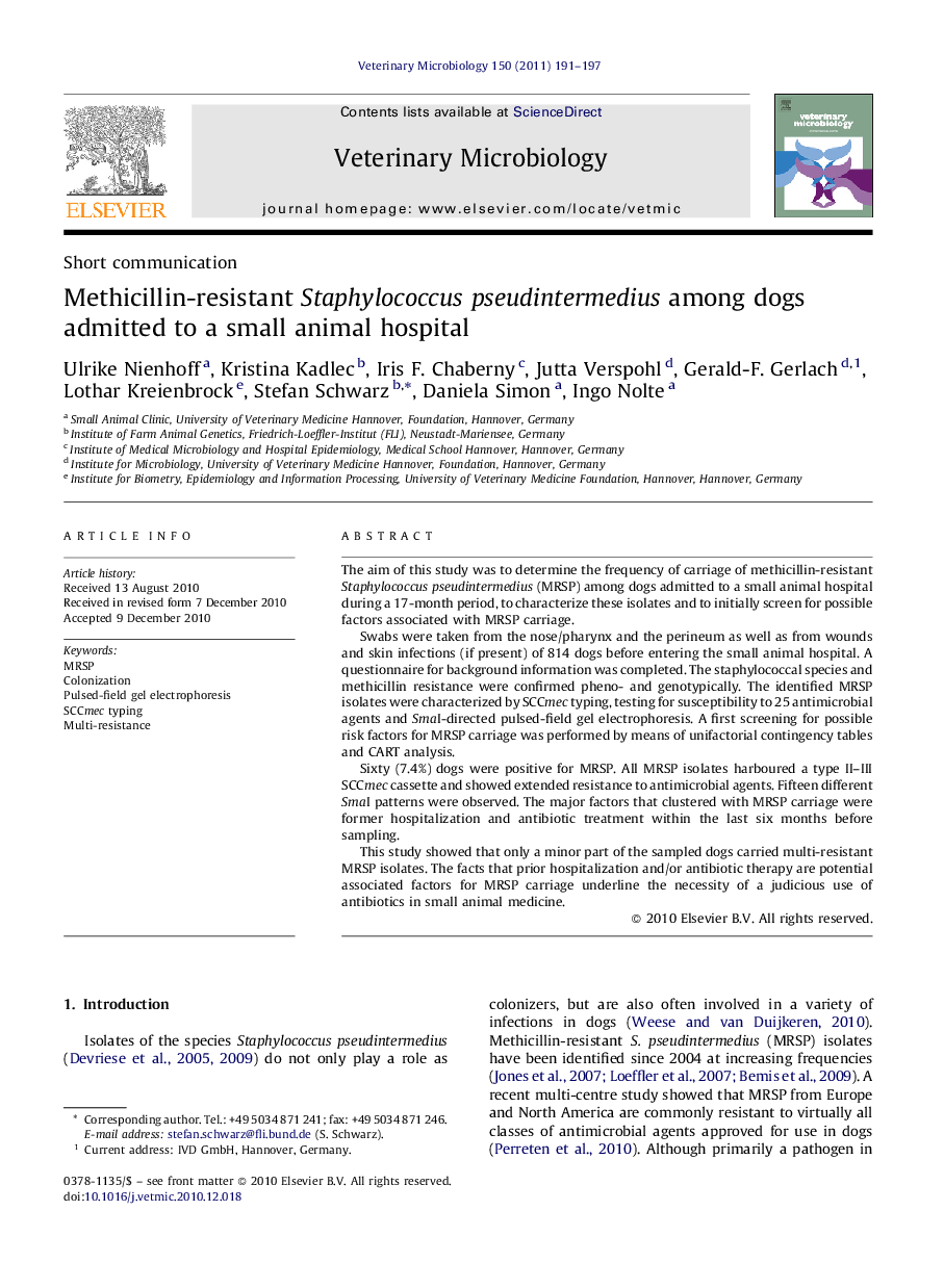 Methicillin-resistant Staphylococcus pseudintermedius among dogs admitted to a small animal hospital