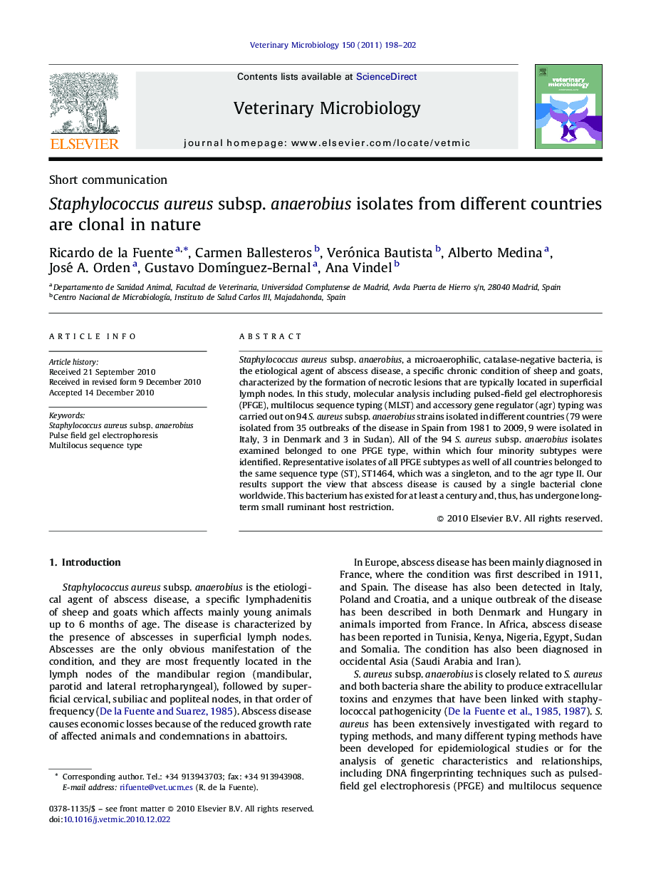 Staphylococcus aureus subsp. anaerobius isolates from different countries are clonal in nature