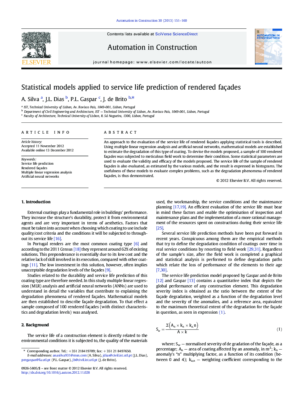 Statistical models applied to service life prediction of rendered façades