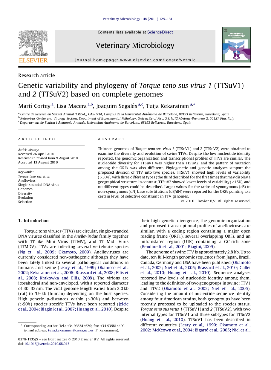 Genetic variability and phylogeny of Torque teno sus virus 1 (TTSuV1) and 2 (TTSuV2) based on complete genomes