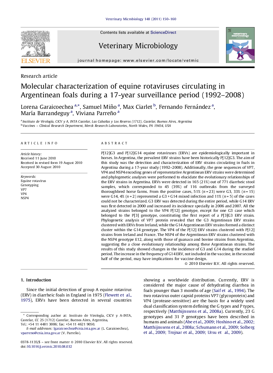 Molecular characterization of equine rotaviruses circulating in Argentinean foals during a 17-year surveillance period (1992–2008)