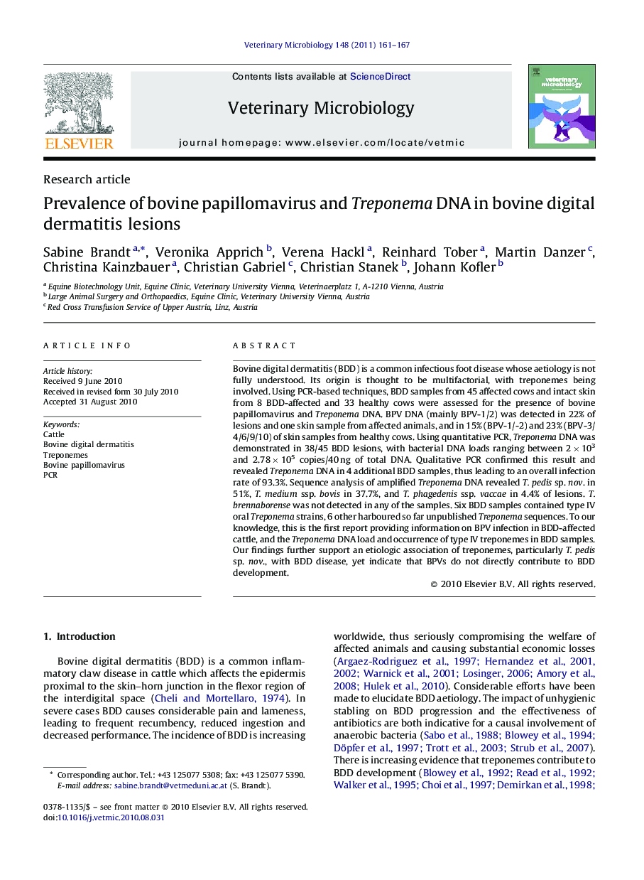 Prevalence of bovine papillomavirus and Treponema DNA in bovine digital dermatitis lesions