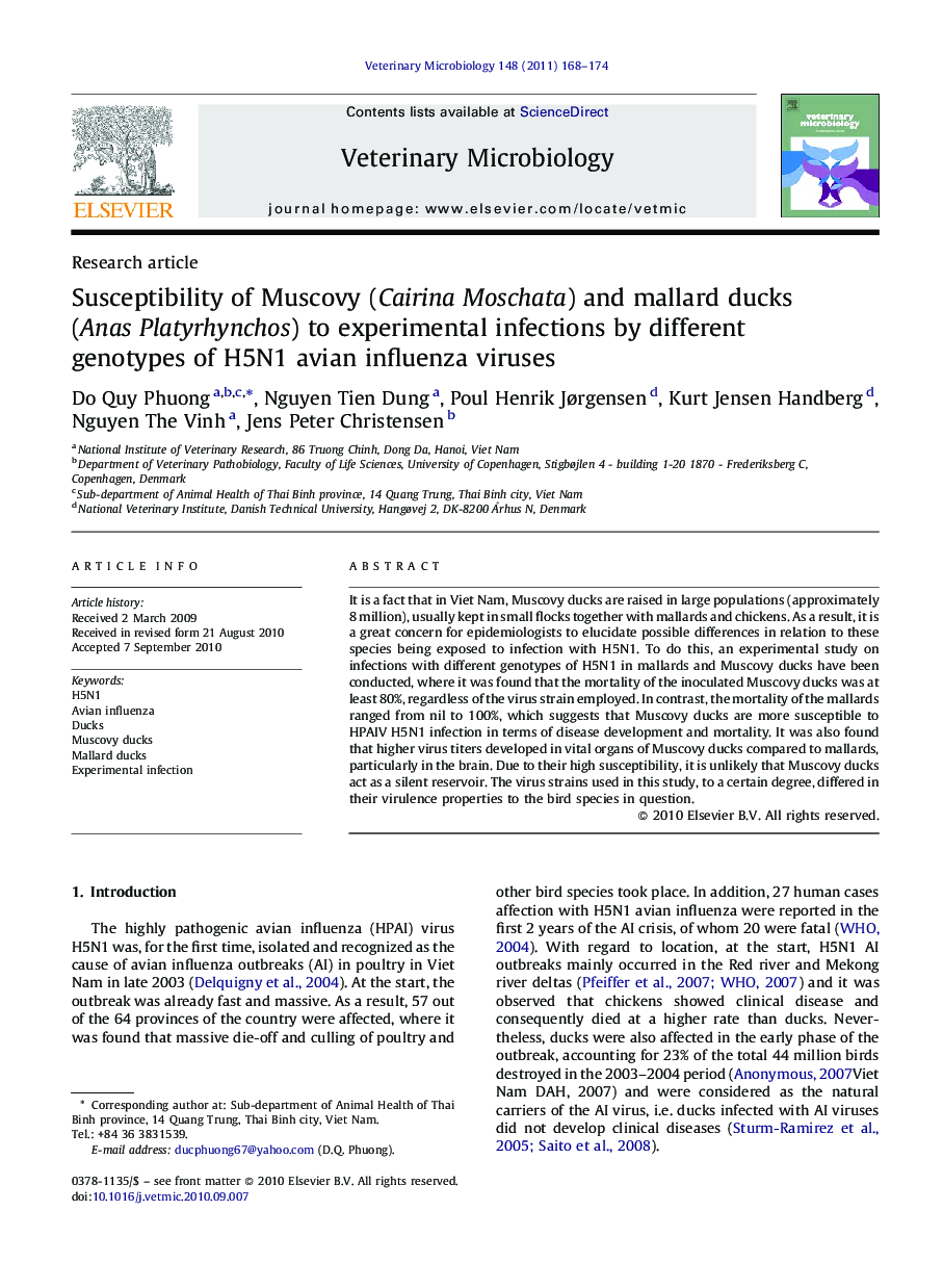 Susceptibility of Muscovy (Cairina Moschata) and mallard ducks (Anas Platyrhynchos) to experimental infections by different genotypes of H5N1 avian influenza viruses