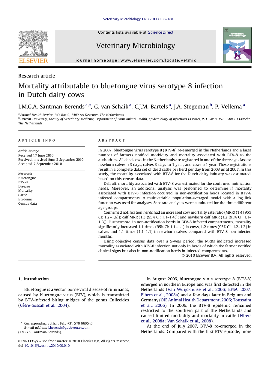 Mortality attributable to bluetongue virus serotype 8 infection in Dutch dairy cows