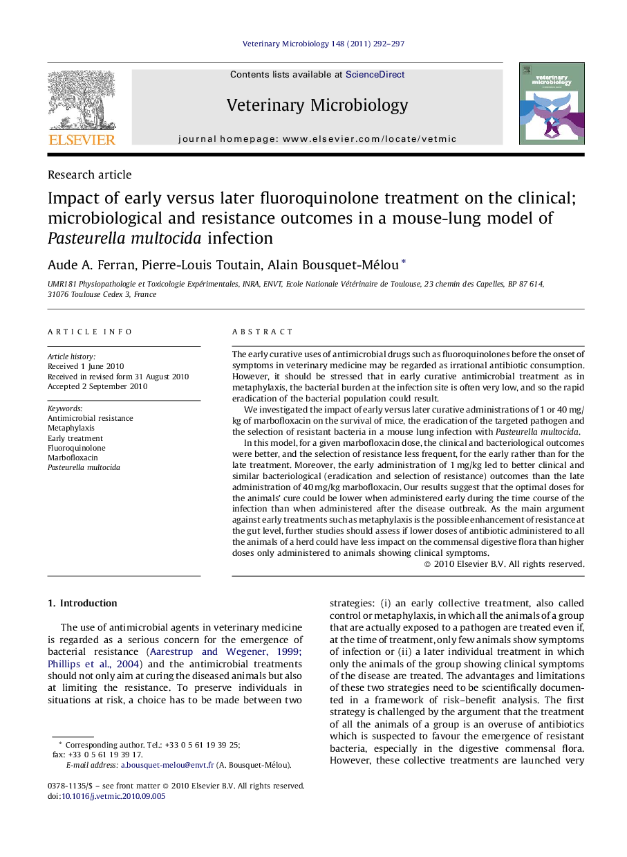 Impact of early versus later fluoroquinolone treatment on the clinical; microbiological and resistance outcomes in a mouse-lung model of Pasteurella multocida infection