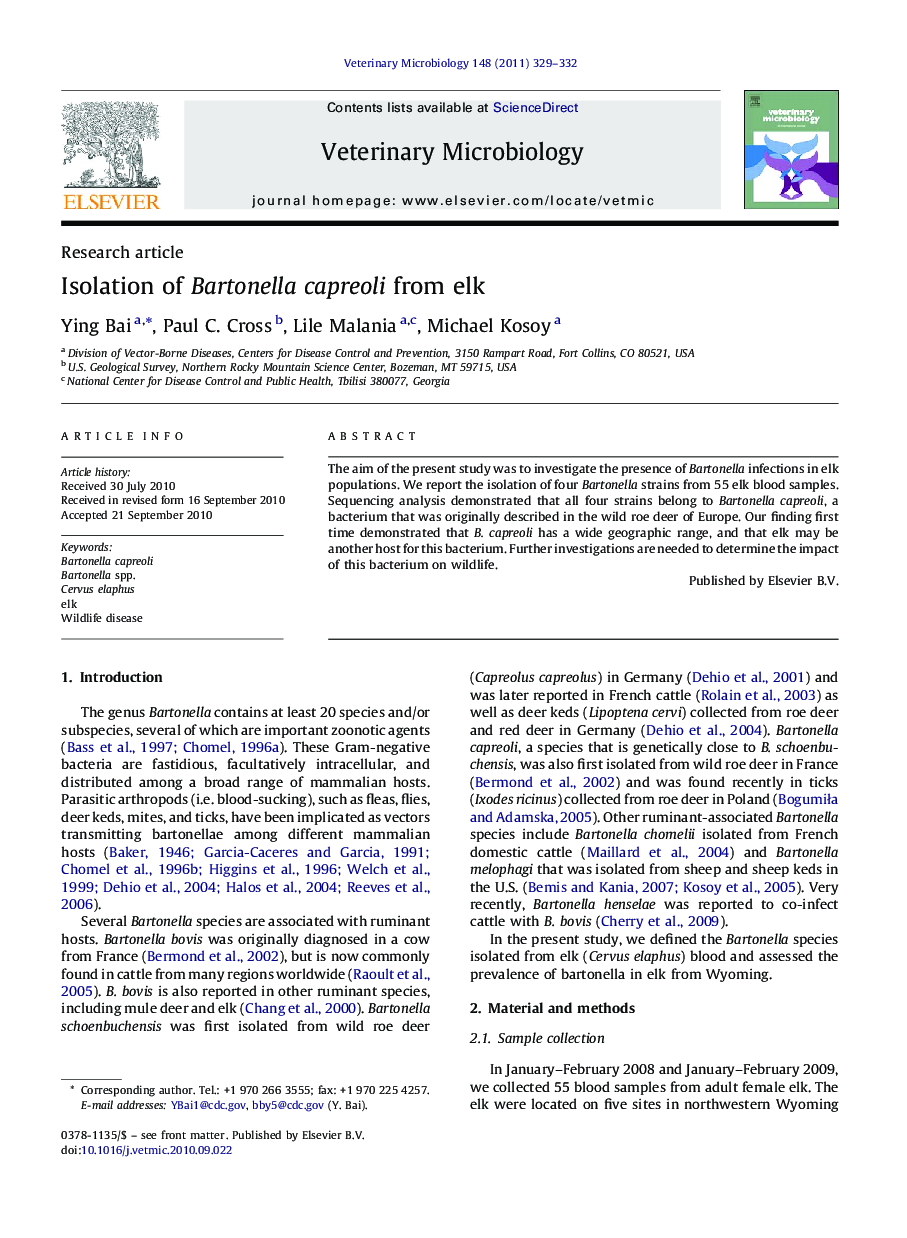 Isolation of Bartonella capreoli from elk