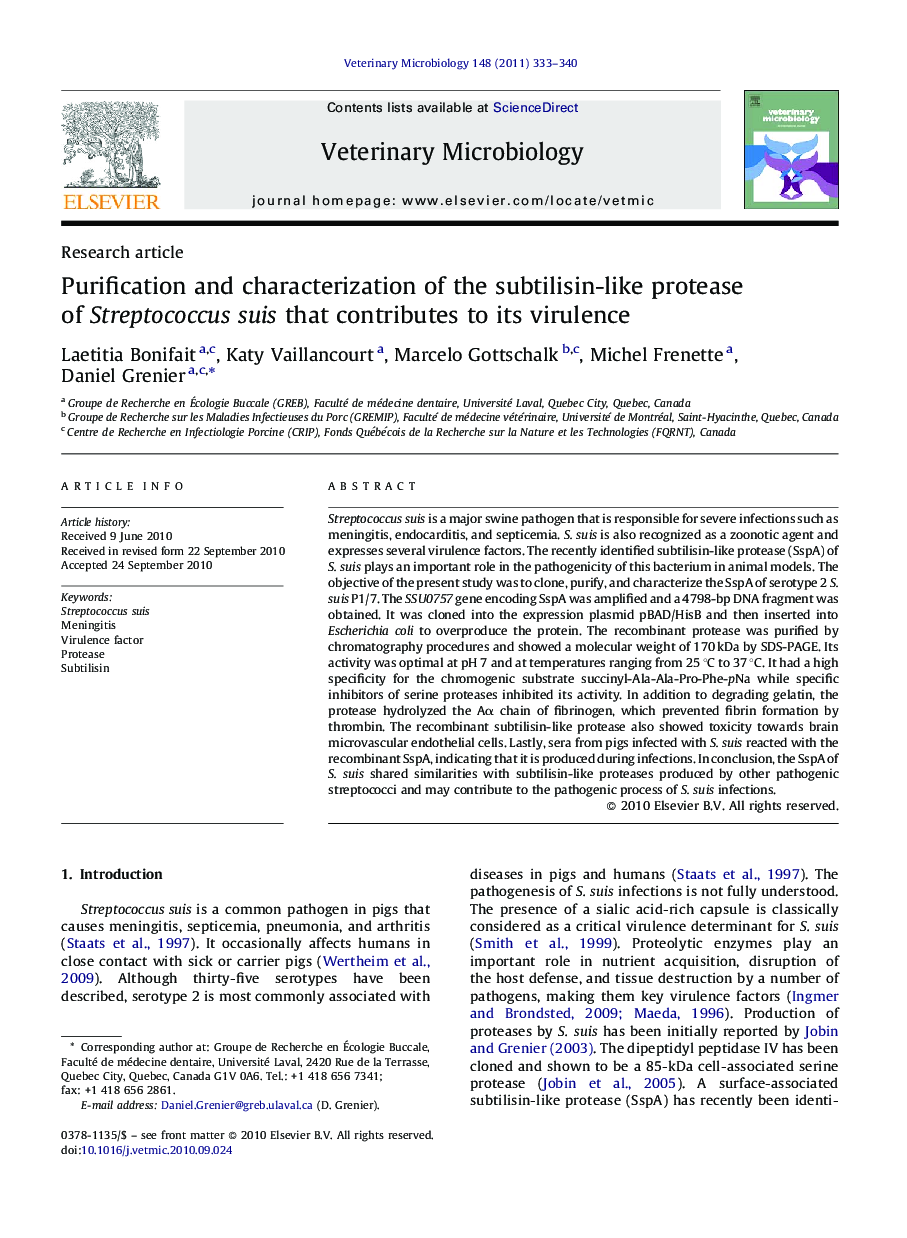 Purification and characterization of the subtilisin-like protease of Streptococcus suis that contributes to its virulence