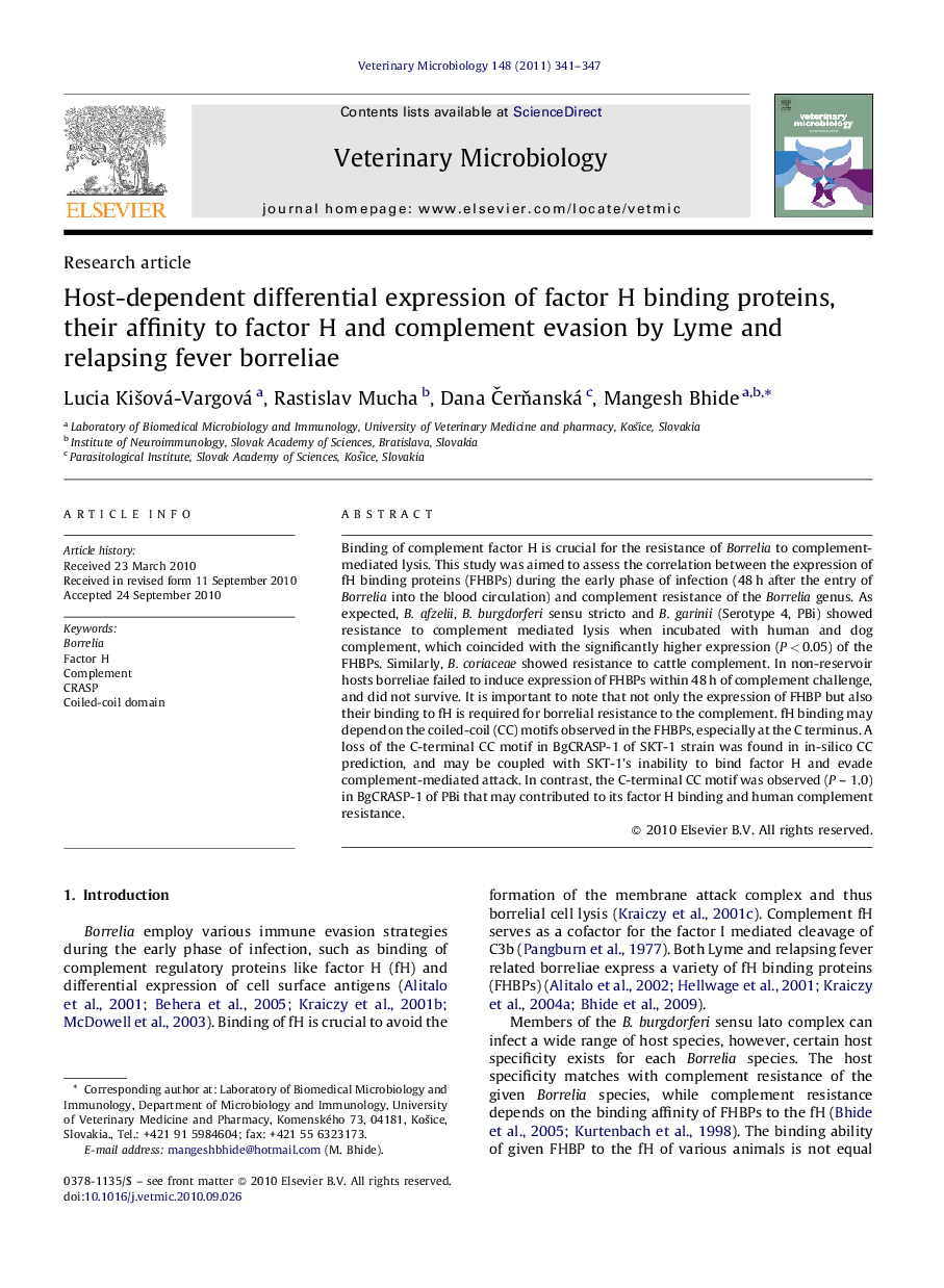 عکس صفحه اول مقاله: Host-dependent differential expression of factor H binding proteins, their affinity to factor H and complement evasion by Lyme and relapsing fever borreliae Host-dependent differential expression of factor H binding proteins, their affinity to factor H and complement evasion by Lyme and relapsing fever borreliae