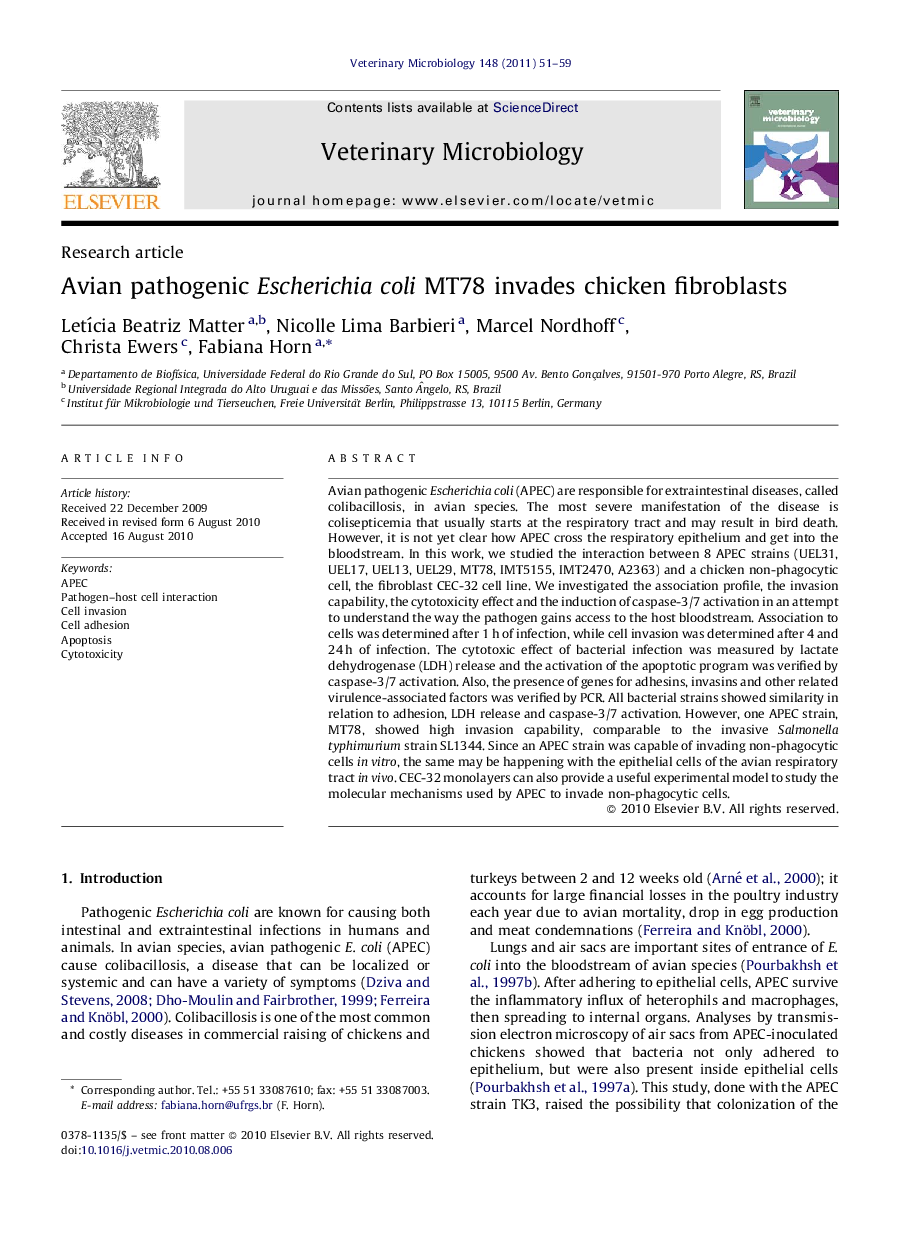 عکس صفحه اول مقاله: Avian pathogenic Escherichia coli MT78 invades chicken fibroblasts Avian pathogenic Escherichia coli MT78 invades chicken fibroblasts
