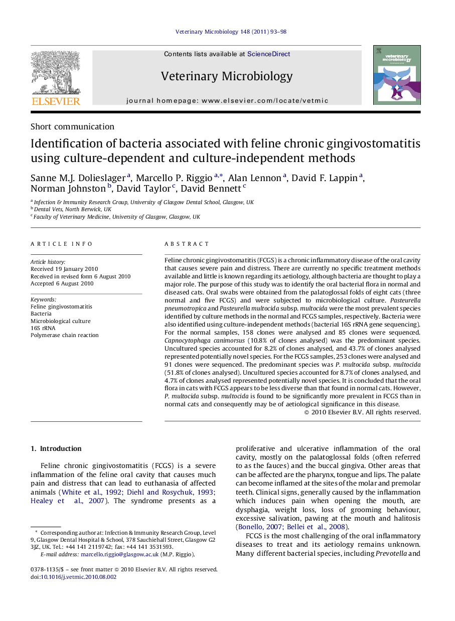 Identification of bacteria associated with feline chronic gingivostomatitis using culture-dependent and culture-independent methods