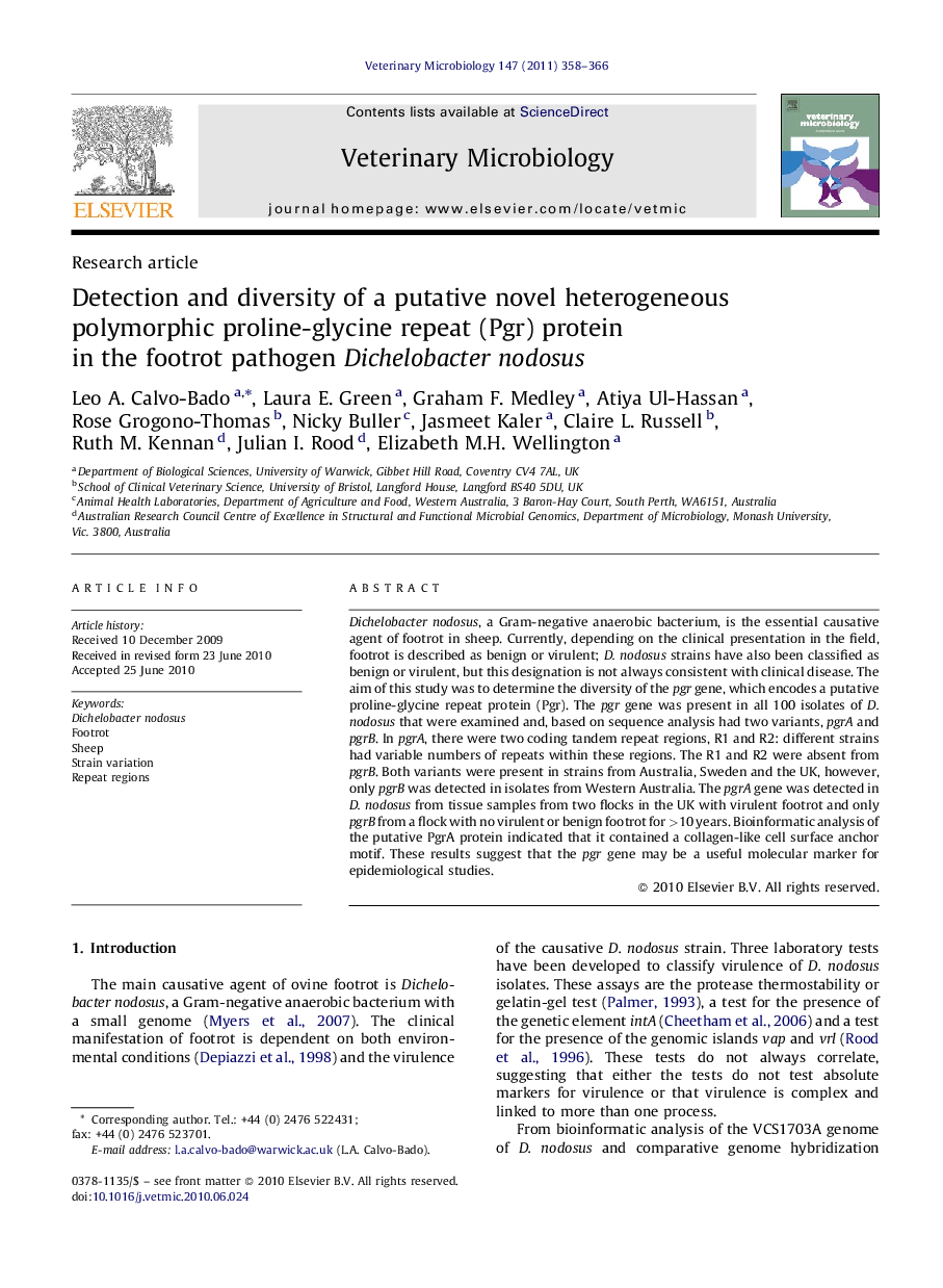 Detection and diversity of a putative novel heterogeneous polymorphic proline-glycine repeat (Pgr) protein in the footrot pathogen Dichelobacter nodosus