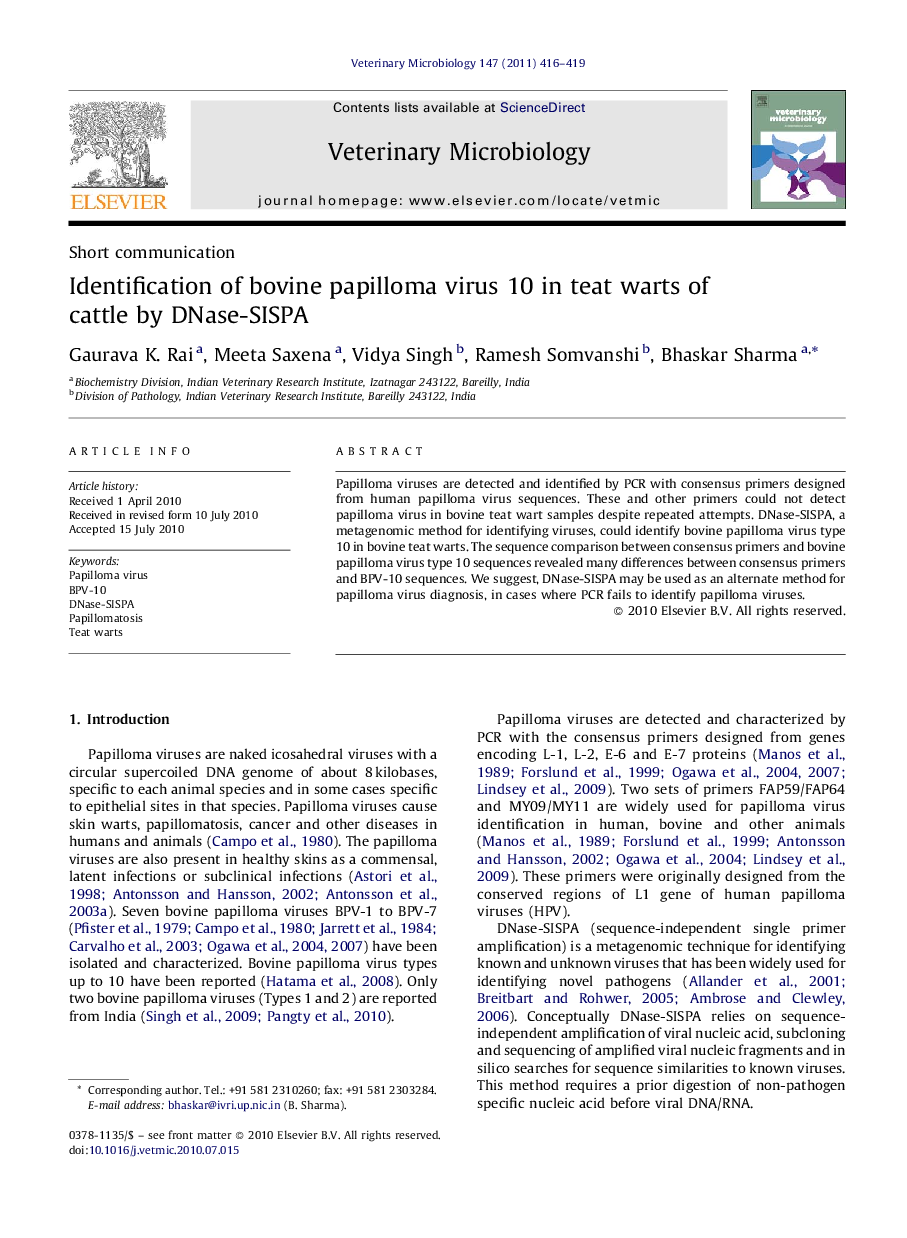 Identification of bovine papilloma virus 10 in teat warts of cattle by DNase-SISPA