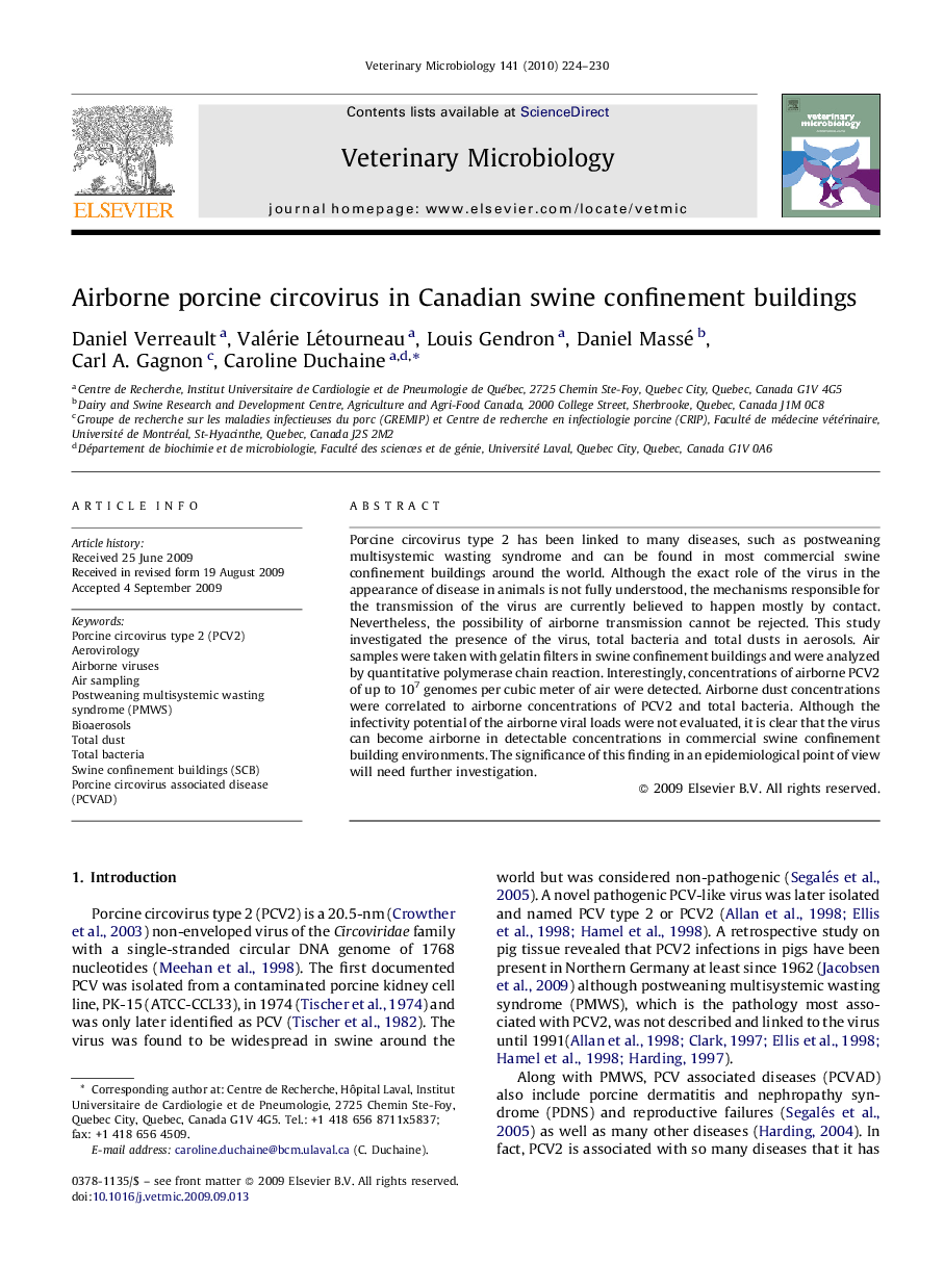 Airborne porcine circovirus in Canadian swine confinement buildings