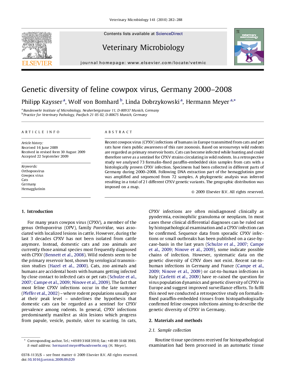 Genetic diversity of feline cowpox virus, Germany 2000–2008