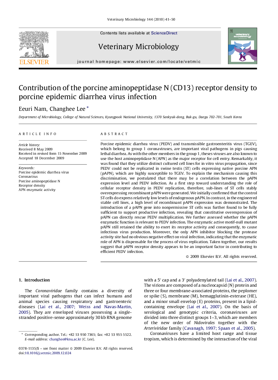 Contribution of the porcine aminopeptidase N (CD13) receptor density to porcine epidemic diarrhea virus infection