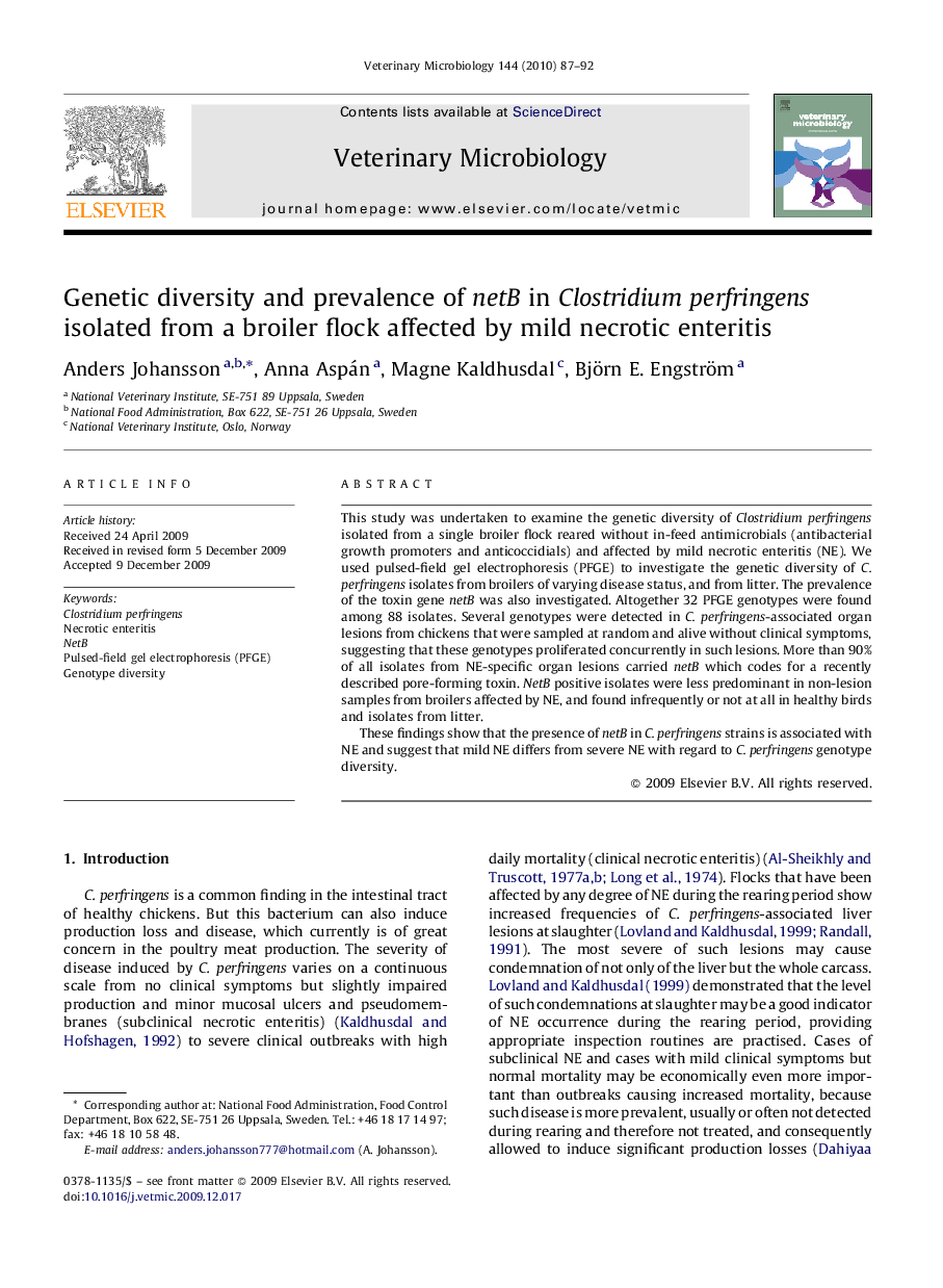 Genetic diversity and prevalence of netB in Clostridium perfringens isolated from a broiler flock affected by mild necrotic enteritis