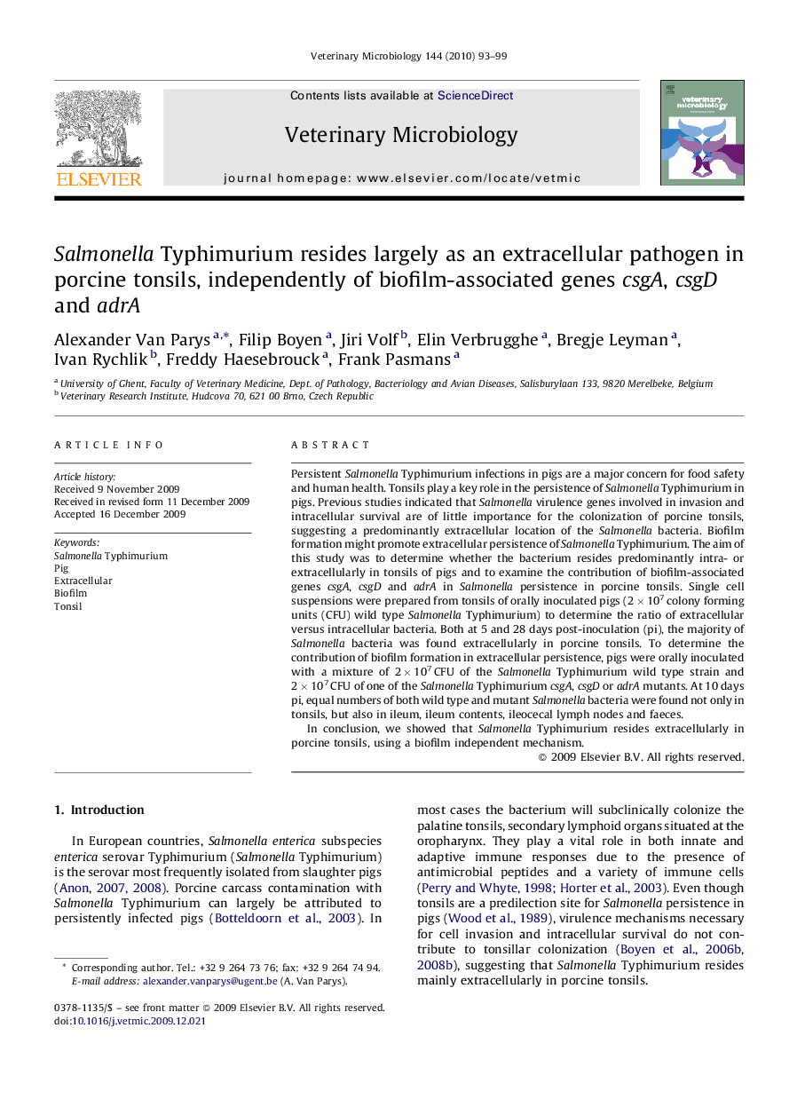 Salmonella Typhimurium resides largely as an extracellular pathogen in porcine tonsils, independently of biofilm-associated genes csgA, csgD and adrA