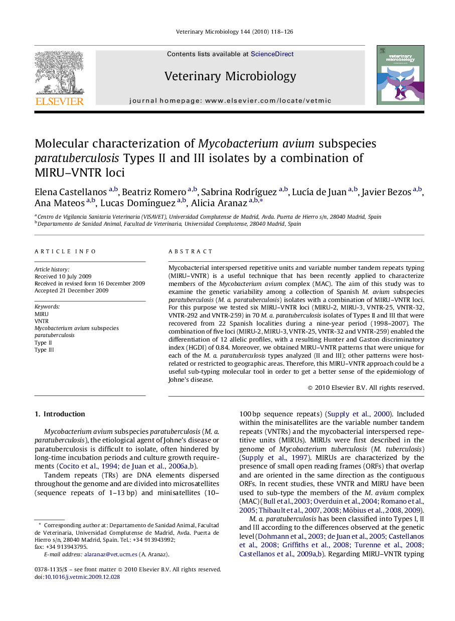 Molecular characterization of Mycobacterium avium subspecies paratuberculosis Types II and III isolates by a combination of MIRU–VNTR loci