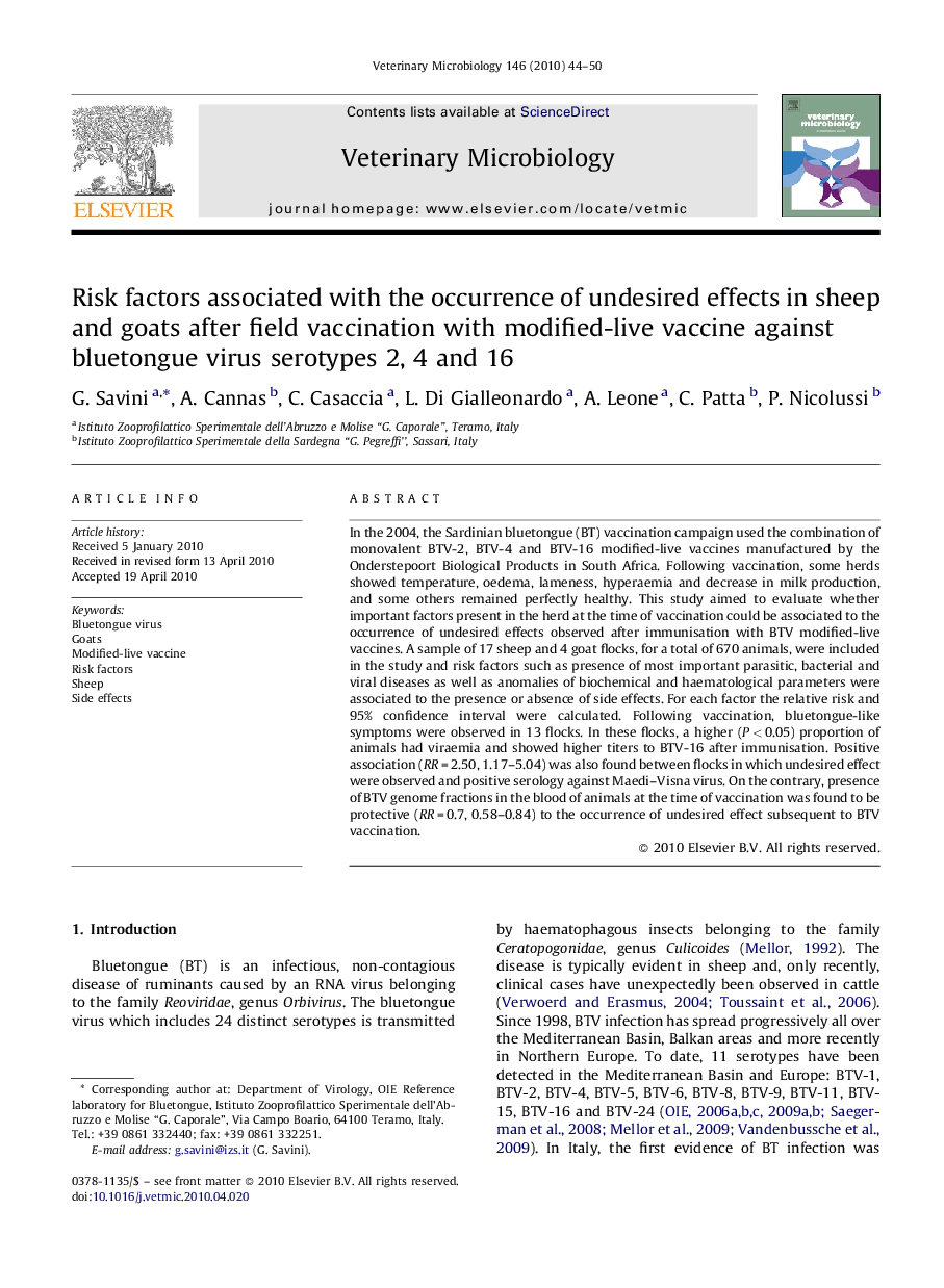 Risk factors associated with the occurrence of undesired effects in sheep and goats after field vaccination with modified-live vaccine against bluetongue virus serotypes 2, 4 and 16