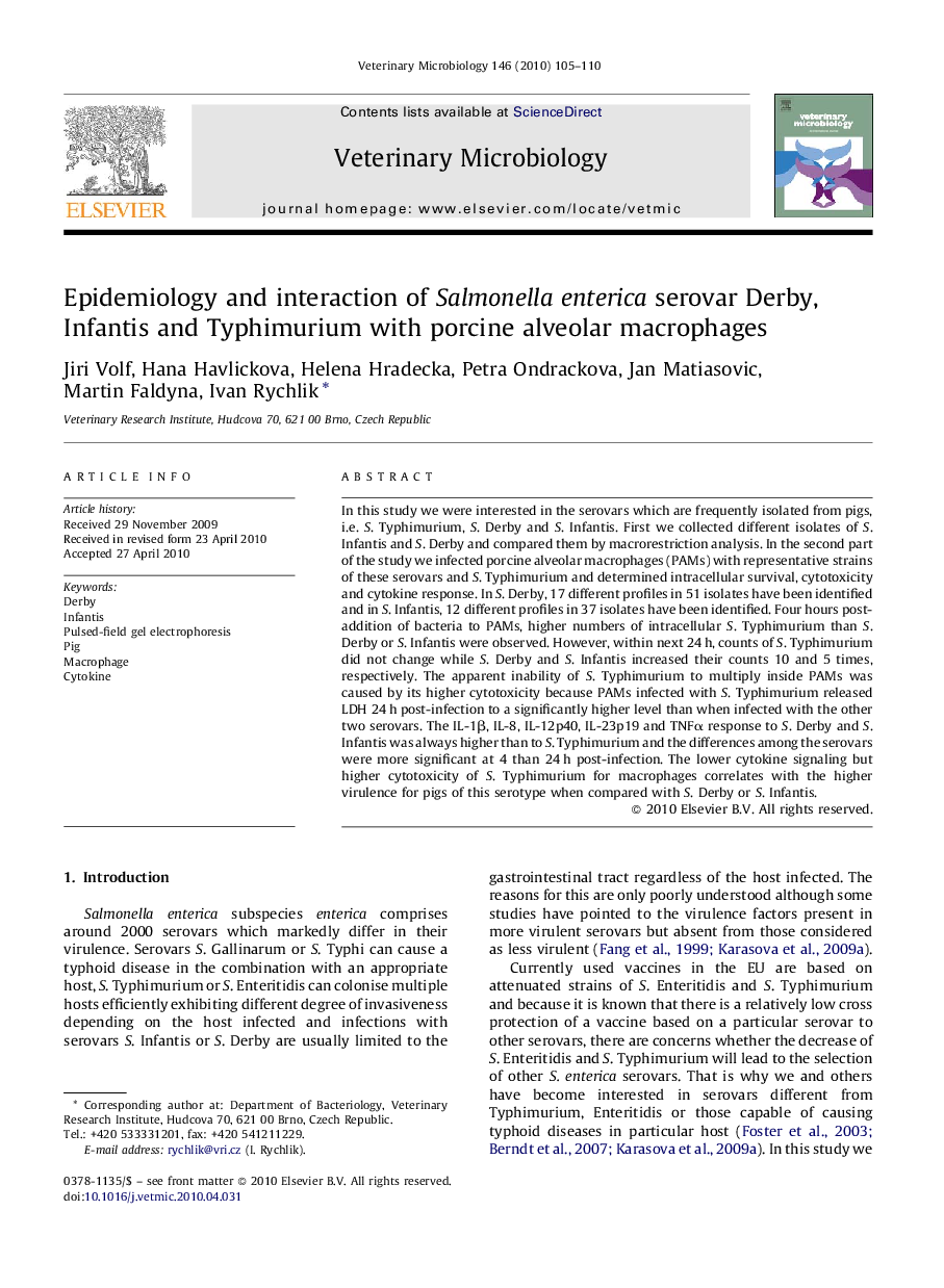 Epidemiology and interaction of Salmonella enterica serovar Derby, Infantis and Typhimurium with porcine alveolar macrophages