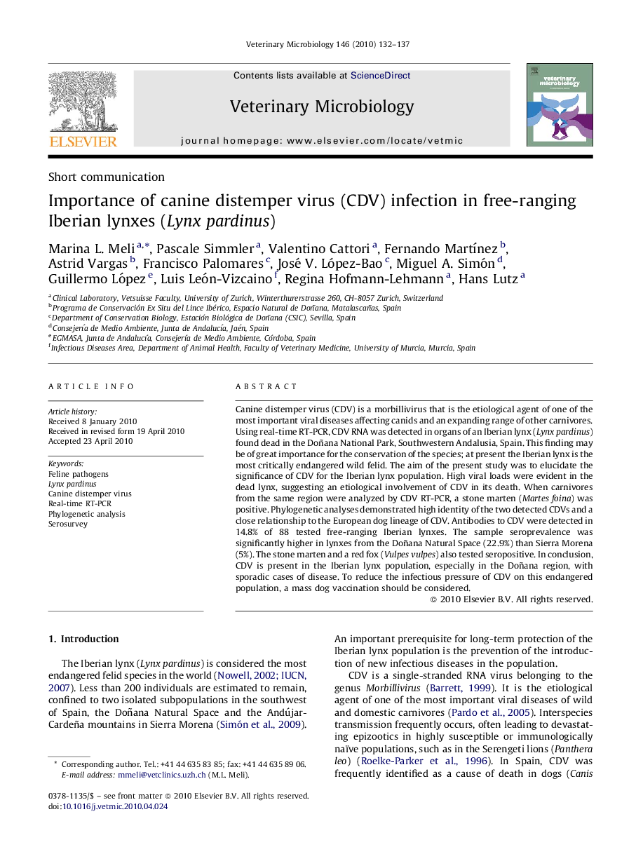 Importance of canine distemper virus (CDV) infection in free-ranging Iberian lynxes (Lynx pardinus)