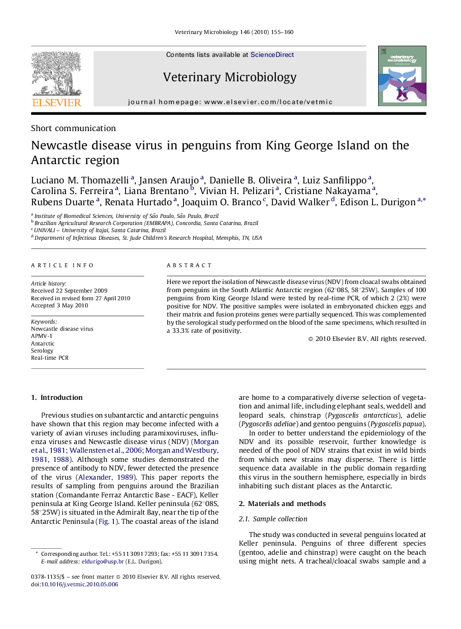 Newcastle disease virus in penguins from King George Island on the Antarctic region