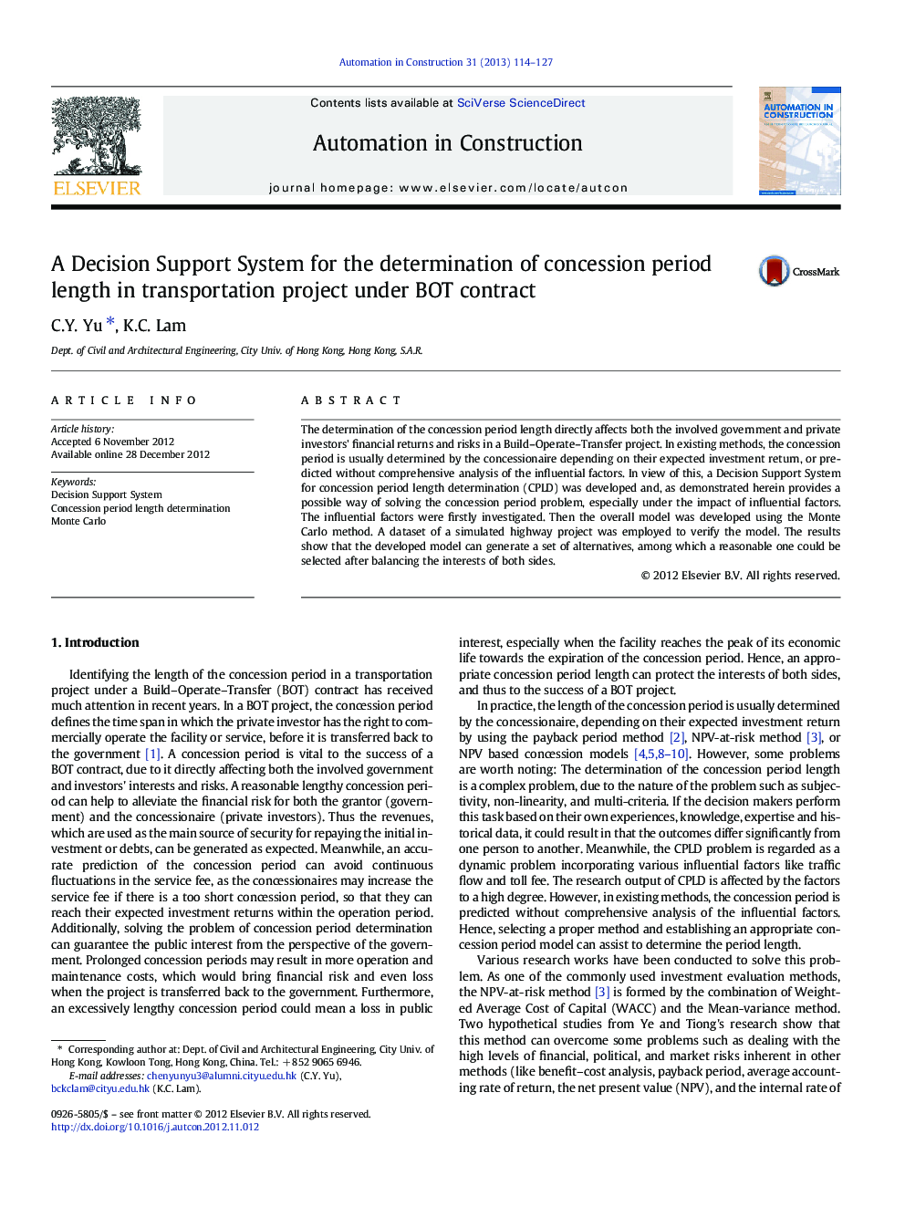 A Decision Support System for the determination of concession period length in transportation project under BOT contract