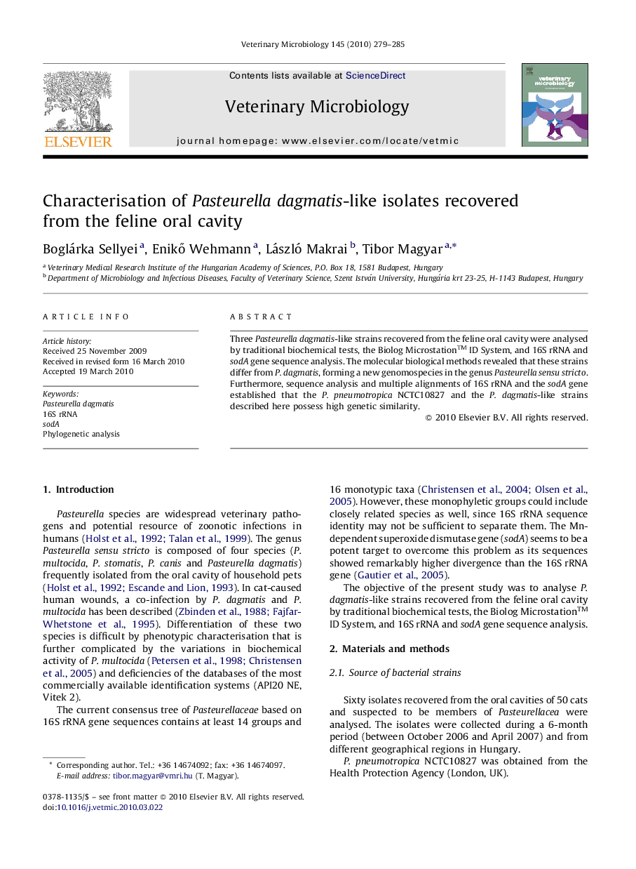 Characterisation of Pasteurella dagmatis-like isolates recovered from the feline oral cavity