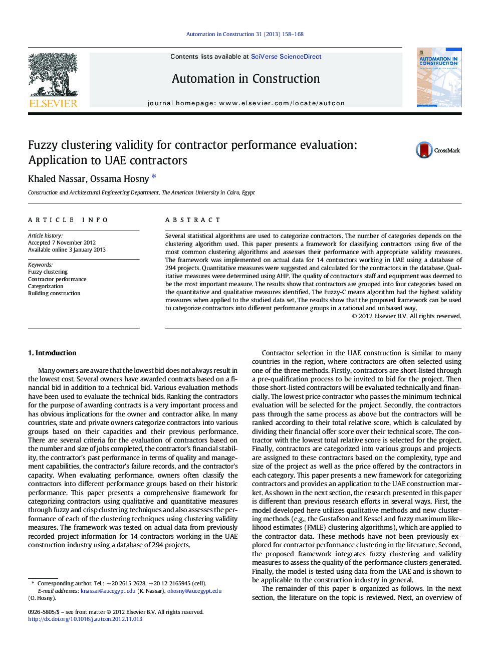 Fuzzy clustering validity for contractor performance evaluation: Application to UAE contractors