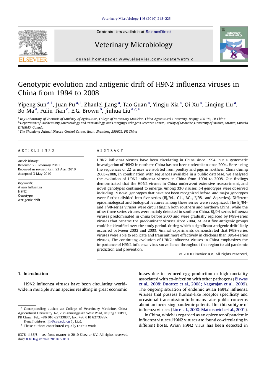 Genotypic evolution and antigenic drift of H9N2 influenza viruses in China from 1994 to 2008