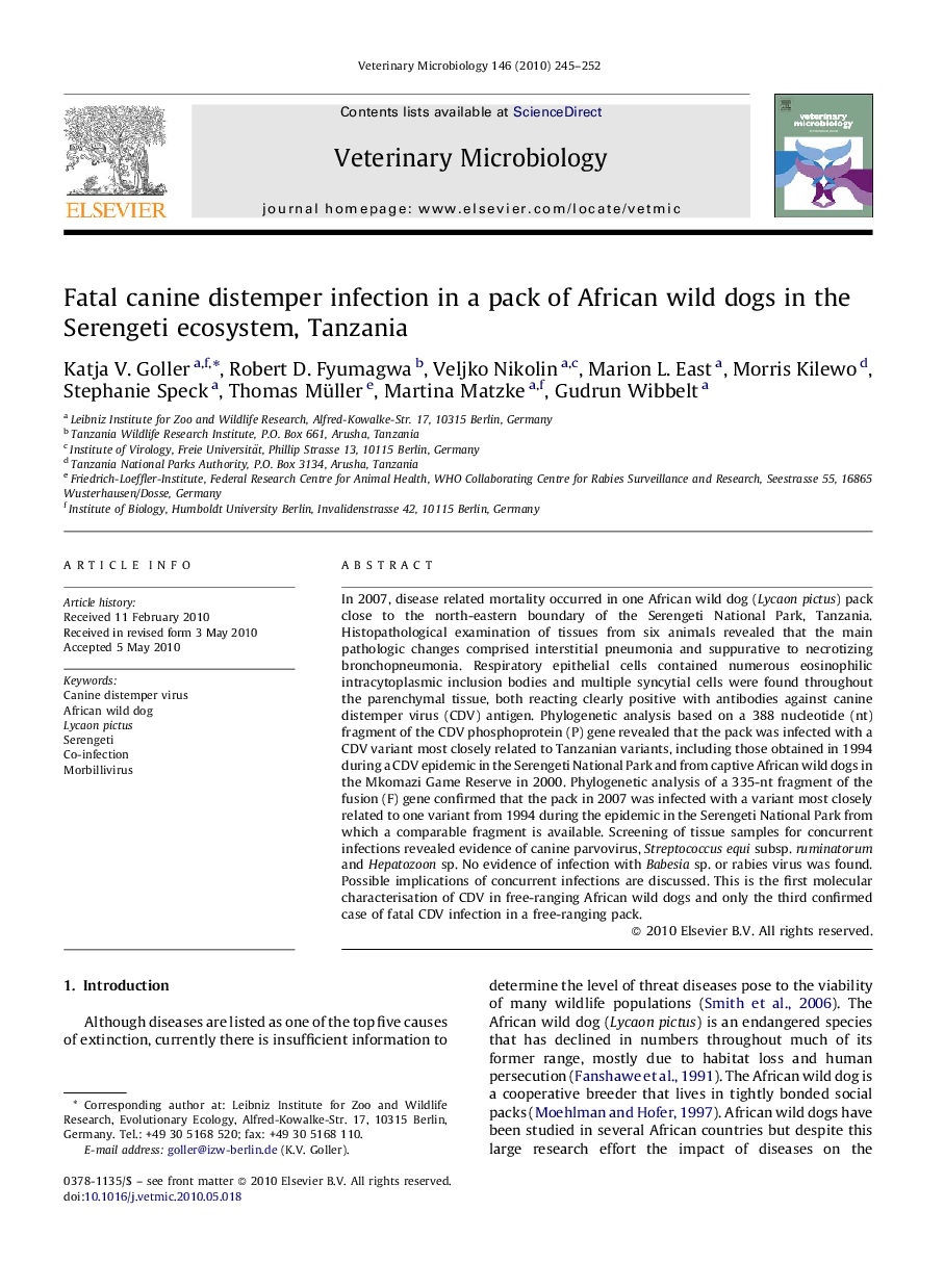 Fatal canine distemper infection in a pack of African wild dogs in the Serengeti ecosystem, Tanzania