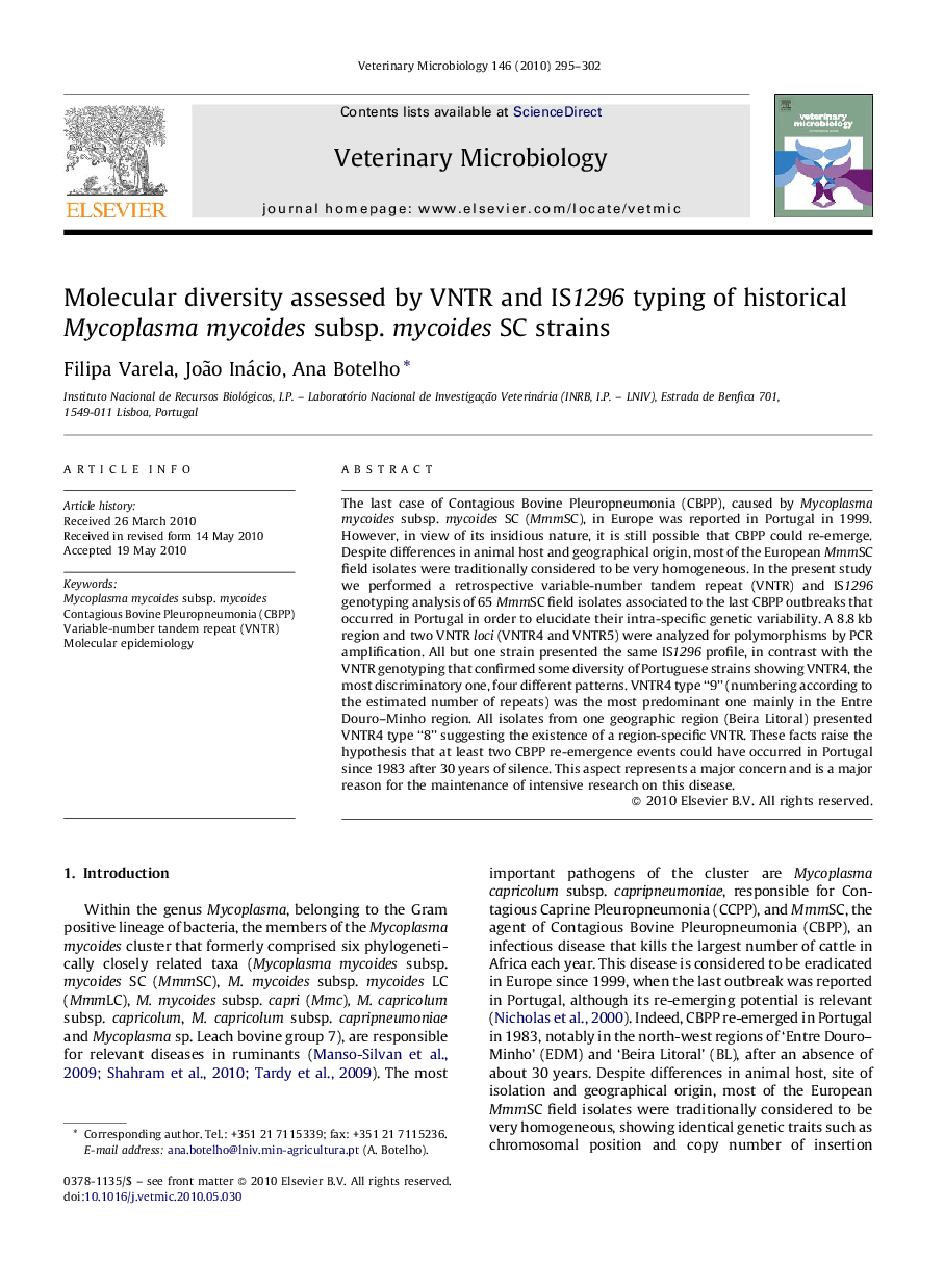 Molecular diversity assessed by VNTR and IS1296 typing of historical Mycoplasma mycoides subsp. mycoides SC strains