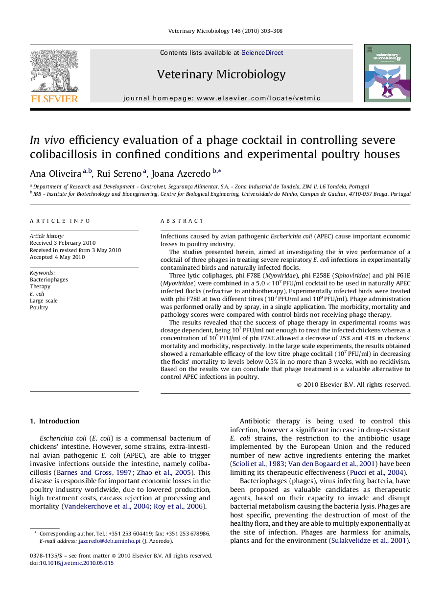 In vivo efficiency evaluation of a phage cocktail in controlling severe colibacillosis in confined conditions and experimental poultry houses