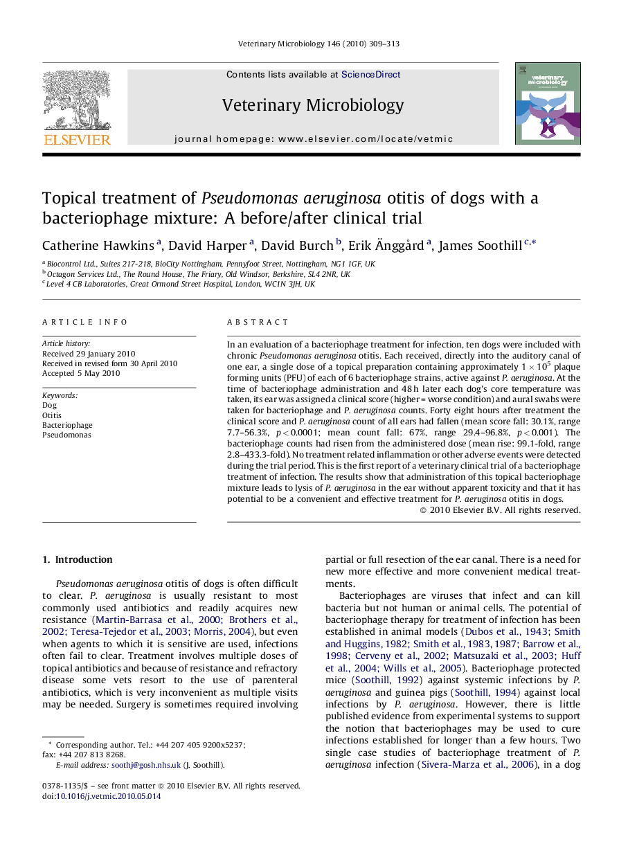 Topical treatment of Pseudomonas aeruginosa otitis of dogs with a bacteriophage mixture: A before/after clinical trial