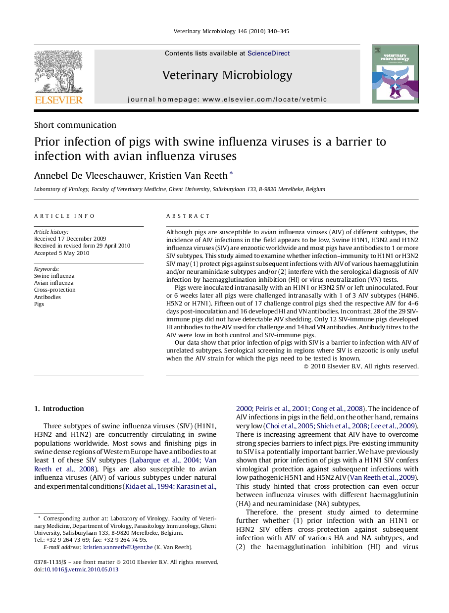 Prior infection of pigs with swine influenza viruses is a barrier to infection with avian influenza viruses