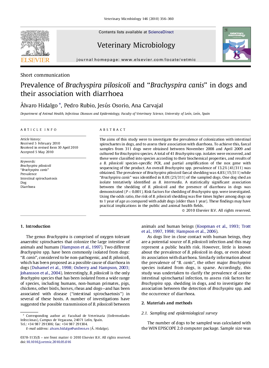 Prevalence of Brachyspira pilosicoli and “Brachyspira canis” in dogs and their association with diarrhoea