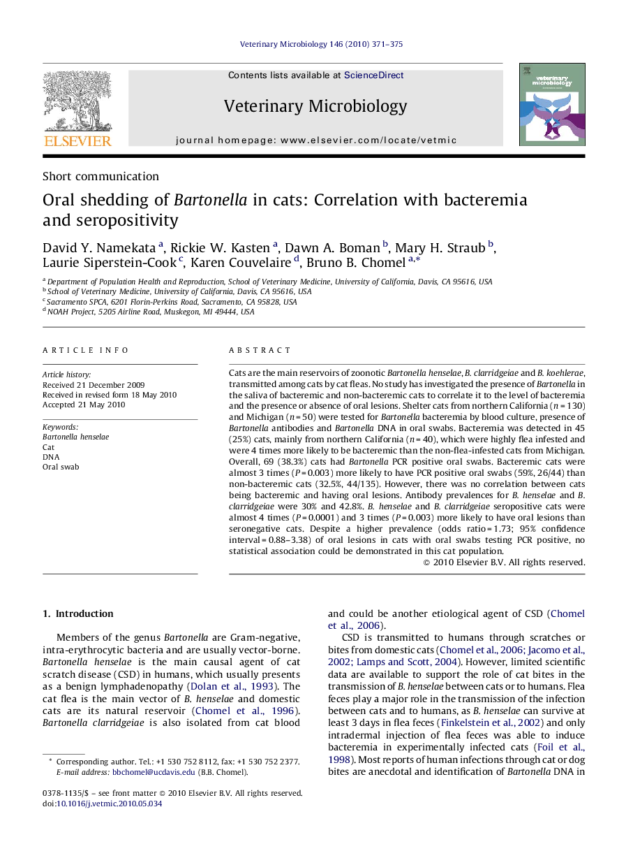 Oral shedding of Bartonella in cats: Correlation with bacteremia and seropositivity