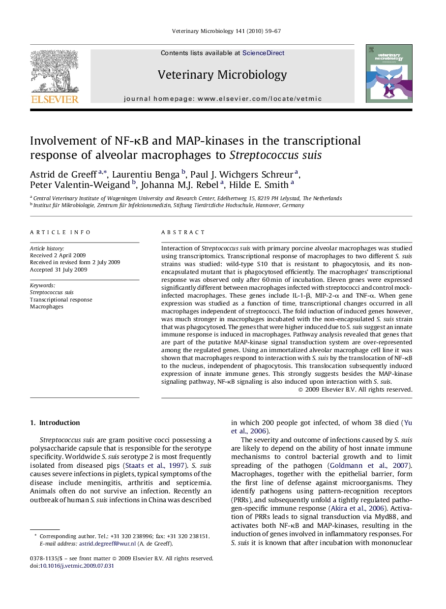 Involvement of NF-κB and MAP-kinases in the transcriptional response of alveolar macrophages to Streptococcus suis