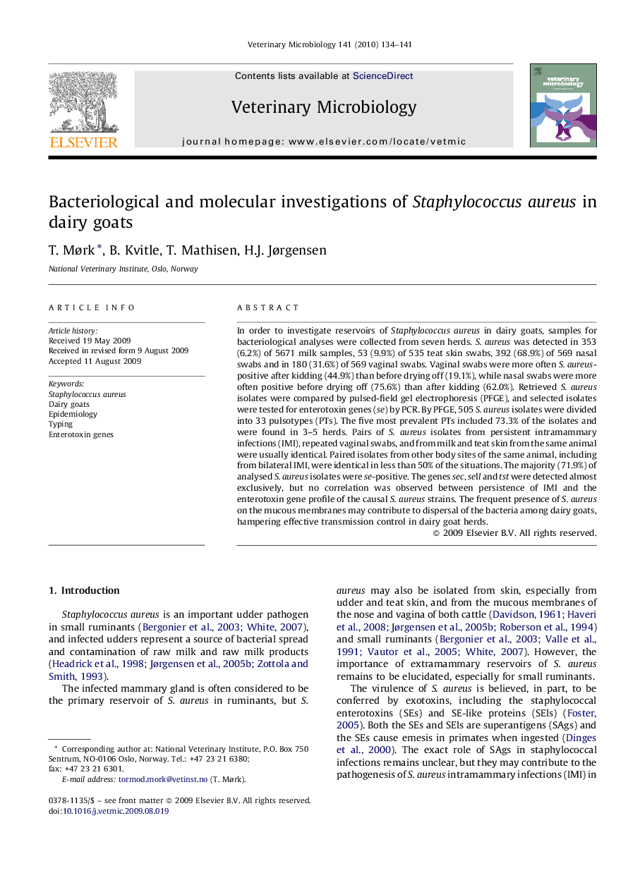 Bacteriological and molecular investigations of Staphylococcus aureus in dairy goats