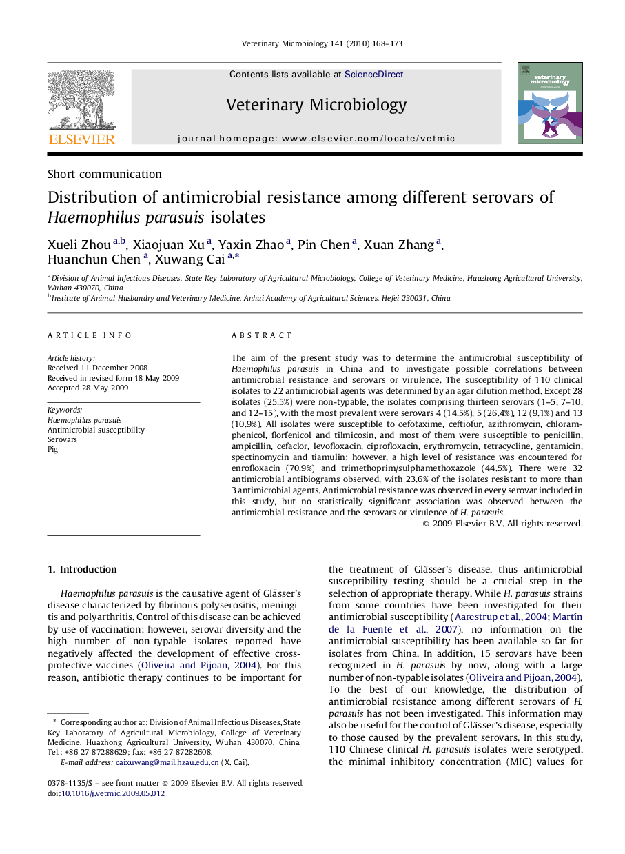 Distribution of antimicrobial resistance among different serovars of Haemophilus parasuis isolates