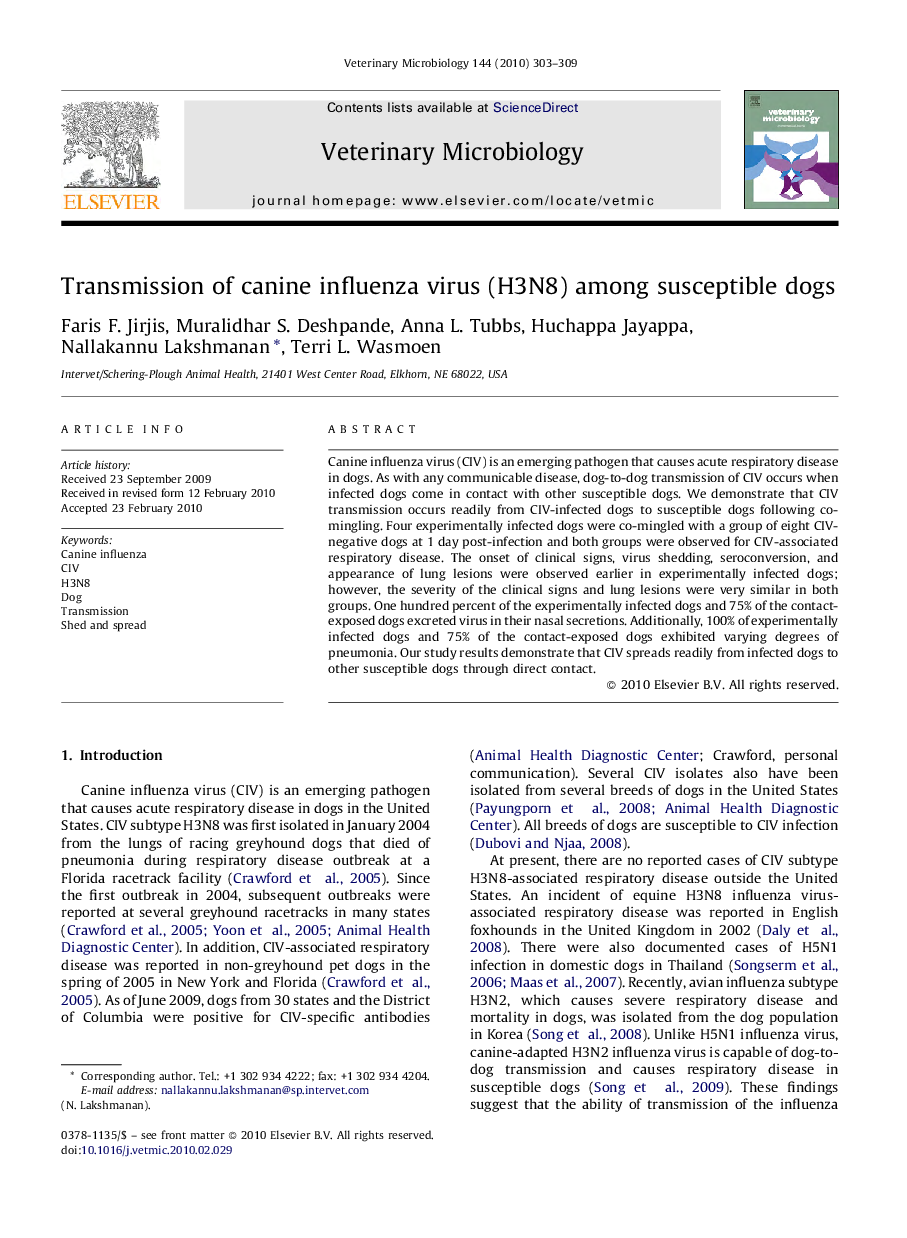 Transmission of canine influenza virus (H3N8) among susceptible dogs