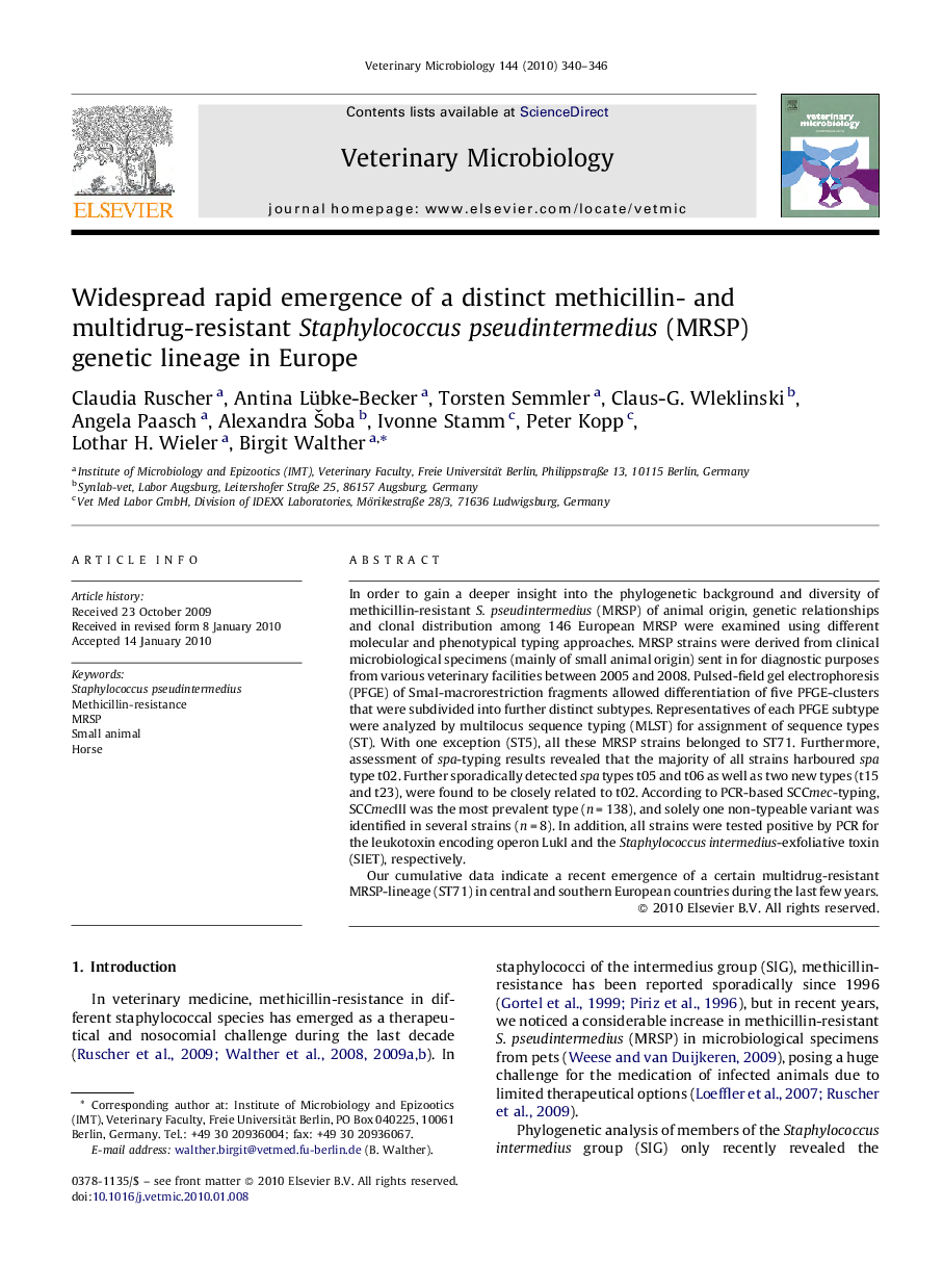 Widespread rapid emergence of a distinct methicillin- and multidrug-resistant Staphylococcus pseudintermedius (MRSP) genetic lineage in Europe