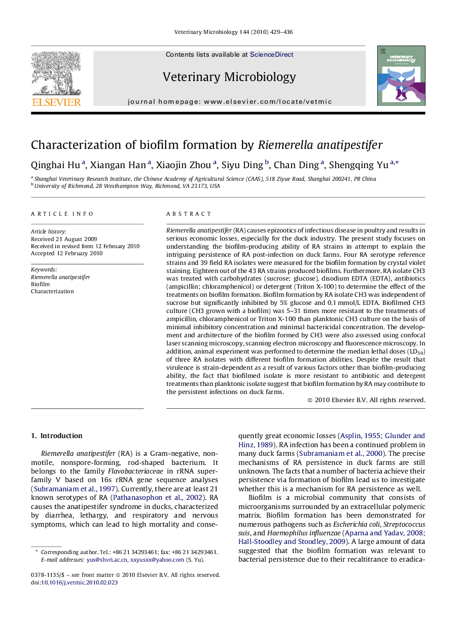 Characterization of biofilm formation by Riemerella anatipestifer