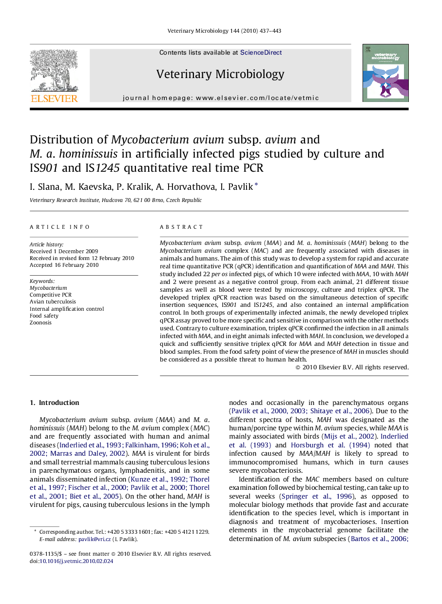 Distribution of Mycobacterium avium subsp. avium and M. a. hominissuis in artificially infected pigs studied by culture and IS901 and IS1245 quantitative real time PCR