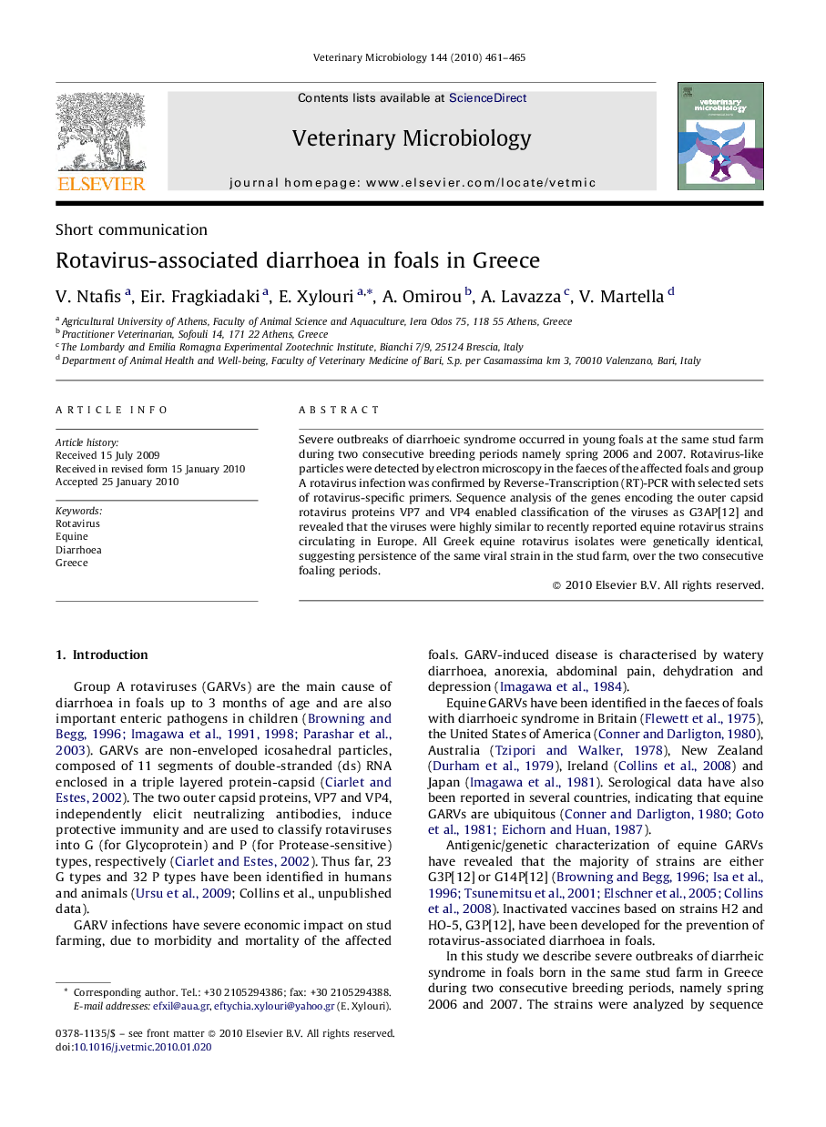 Rotavirus-associated diarrhoea in foals in Greece