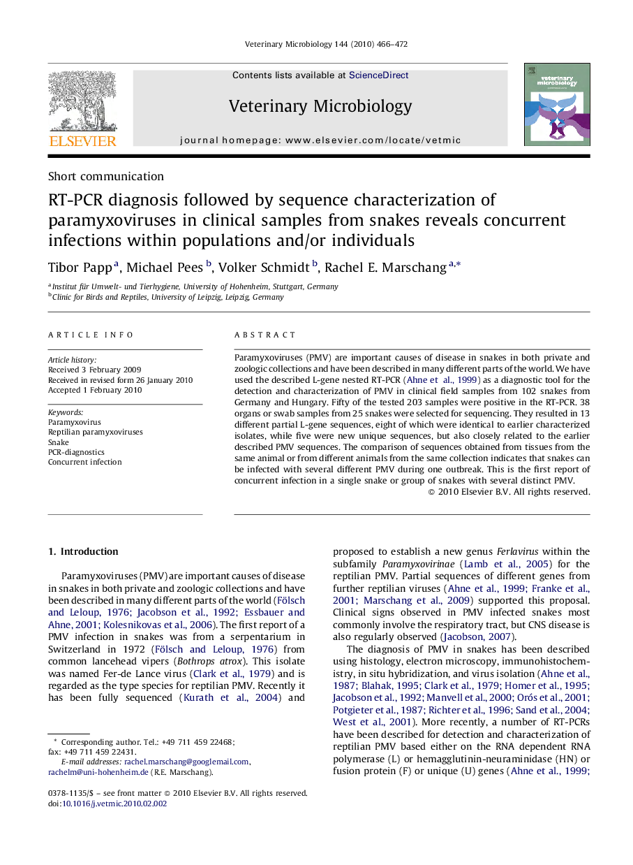 RT-PCR diagnosis followed by sequence characterization of paramyxoviruses in clinical samples from snakes reveals concurrent infections within populations and/or individuals