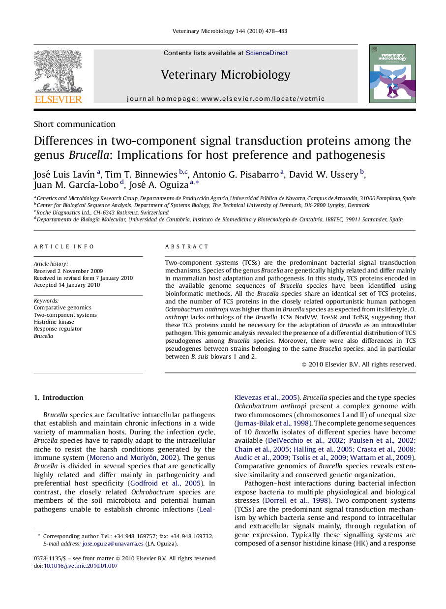 Differences in two-component signal transduction proteins among the genus Brucella: Implications for host preference and pathogenesis