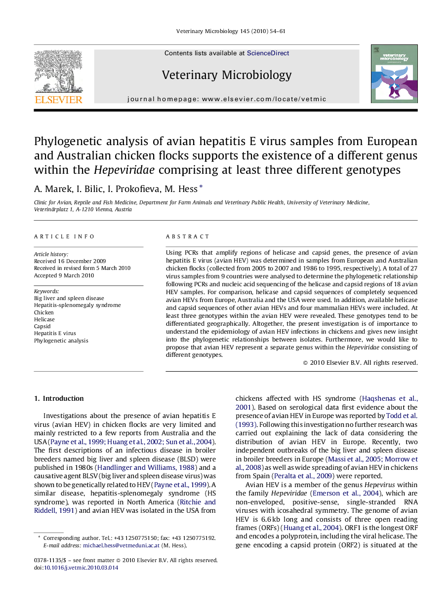 Phylogenetic analysis of avian hepatitis E virus samples from European and Australian chicken flocks supports the existence of a different genus within the Hepeviridae comprising at least three different genotypes