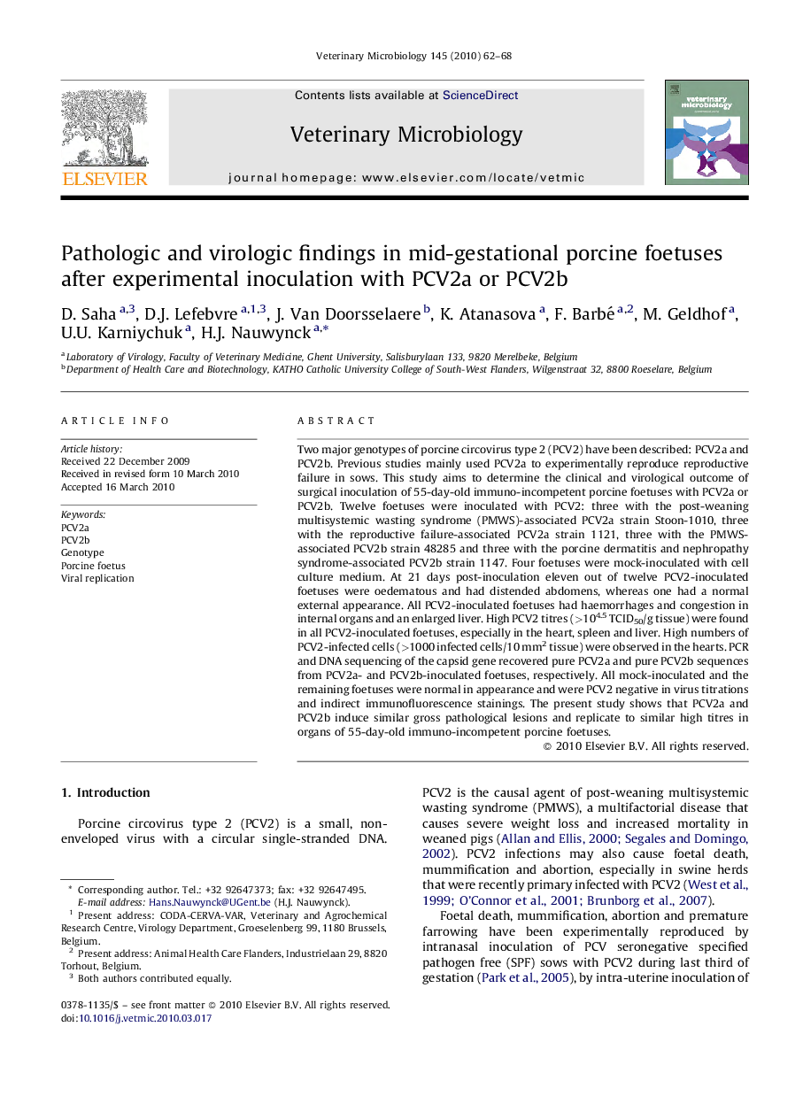 Pathologic and virologic findings in mid-gestational porcine foetuses after experimental inoculation with PCV2a or PCV2b